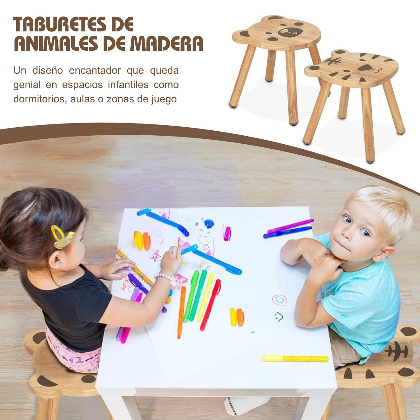 Juego de Sillas Infantiles de Madera – Oso y Tigre